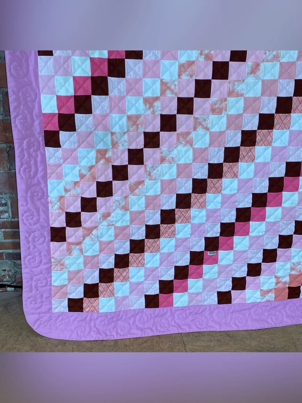 Vintage Polyester Jacob's Ladder Pink Brown Quilt 76